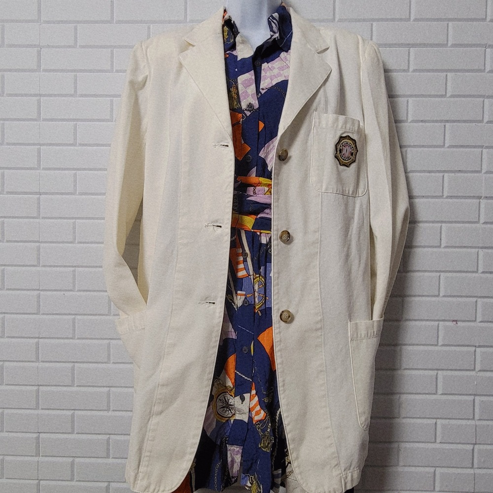 Vtg 90s DKNY Jeans Blazer Small Cream Cotton Longline Sporty Prep Crest - Picture 12 of 12